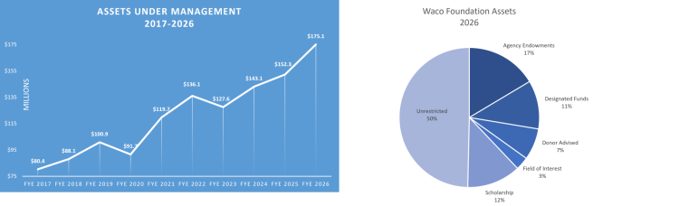 Line and pie chart displaying Waco Foundation asset allocation and year-over-year growth